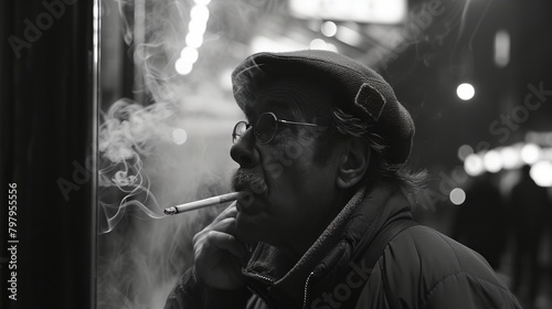 a man smoking a cigarette in a dark room with lights in the background