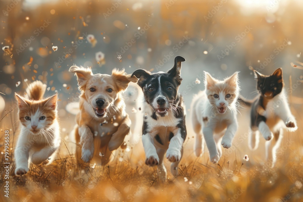 Group of cats and dogs running in a field. Suitable for pet-related projects