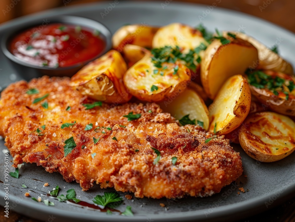 Plate of Food With Potatoes and German Schnitzel Plate of Food With Potatoes and German Schnitzel