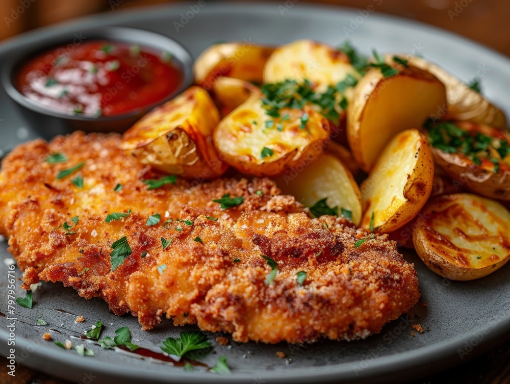 Plate of Food With Potatoes and German Schnitzel