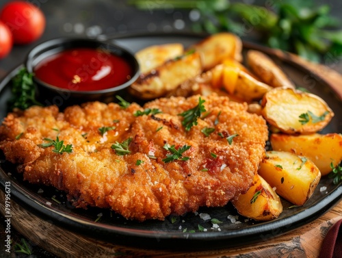 Crispy Fried Fish and Potatoes on Black Plate