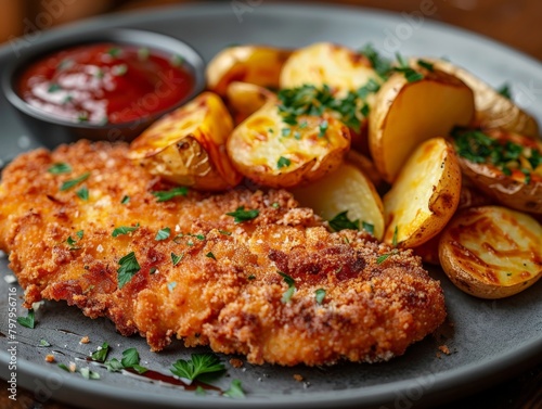 Plate of Food With Potatoes and German Schnitzel