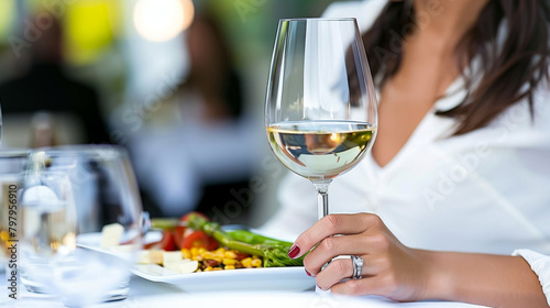 Mindful Eating theme. A person enjoying a balanced meal. A glass of white wine in a woman's hand on the background of a table with food.
