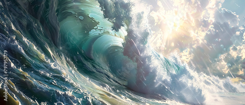 A photorealistic close-up of a monstrous wave cresting photo