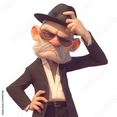 A cartoon character sporting a dark blazer atop a white t shirt styled with a hat and sunglasses stood clutching his head his face twisted in a mix of anger frustration and disappointment photo