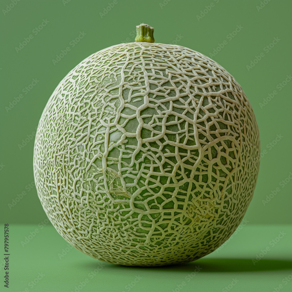 A whole melon with intricate rind patterns is set against a vibrant green background-Enhanced A whole melon with intricate rind patterns is set against a vibrant green background-Enhanced