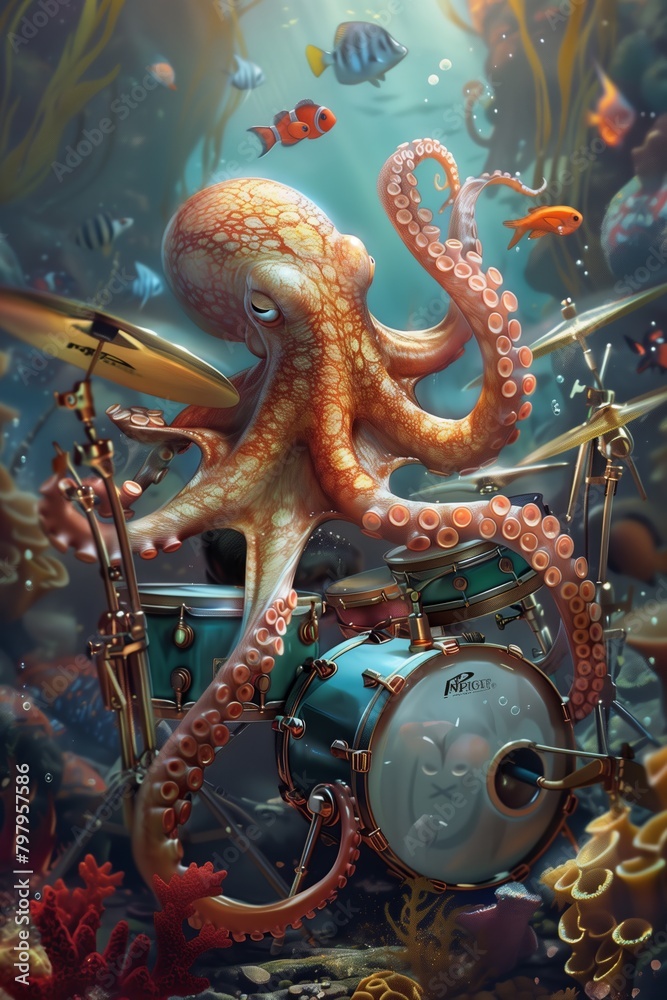 Fototapeta premium Octopus drummer submerged underwater, skillfully playing a drum kit with its tentacles, creating a lively and rhythmic aquatic performance