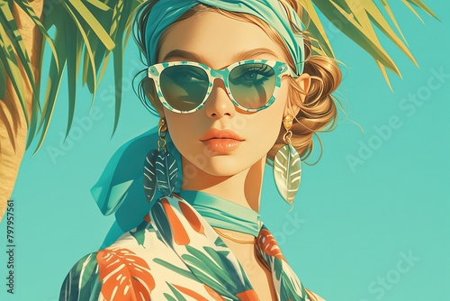 Craft an enchanting collage featuring stylish sunglasses with tropical elements, such as palm trees 