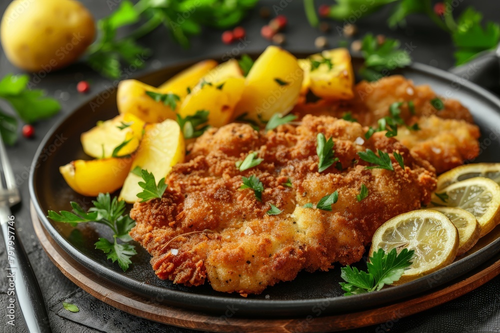 Plate of Fried Chicken With Lemons and Parsley