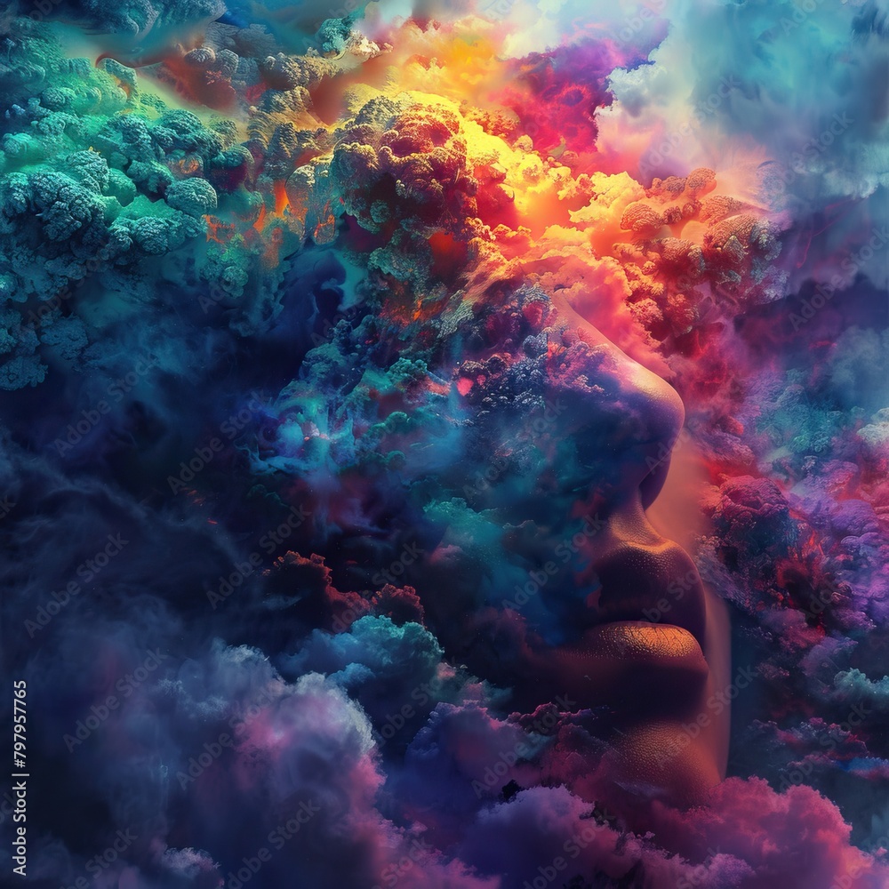 Colorful abstract portrait of a woman's face made of clouds higher self