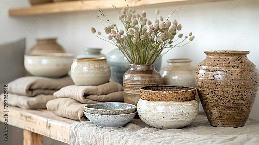 Crockery, plates, close-up interior details with natural motifs. Design inspired by nature
