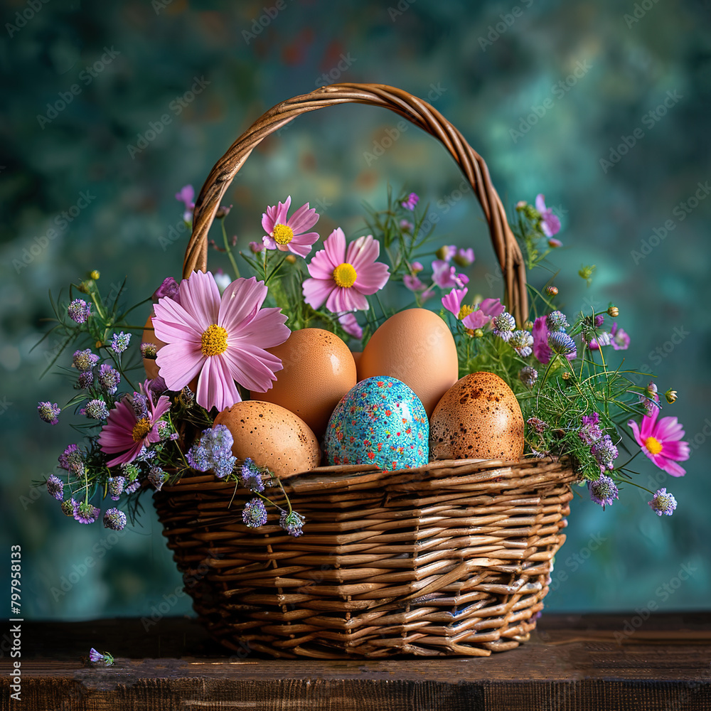 Easter eggs in a basket with colorful flowers Easter eggs in a basket with colorful flowers