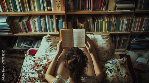 Young woman reading a book in a cozy nook. She is sitting on a comfortable couch, surrounded by bookshelves.