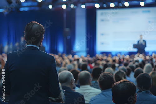 Business and entrepreneurship symposium. Speaker giving a talk at business meeting. Audience in the conference hall. Rear view of unrecognized participant in audience. photo