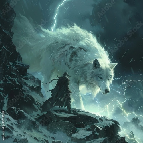 A lone wolf fenrir stands on a cliff during a thunderstorm.