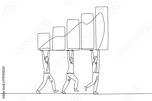 Continuous one line drawing a group of businessmen and businesswomen work together carrying a graphic chart. Profits continue to increase. Exceed target. Single line draw design vector illustration