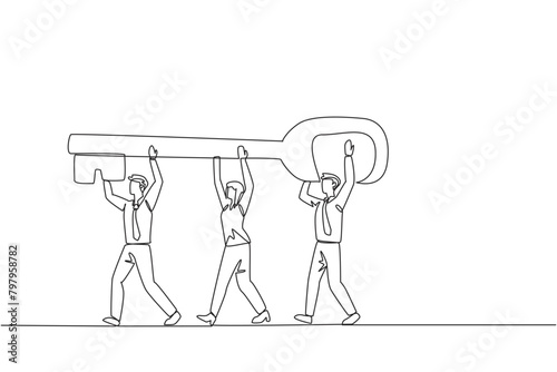 Single one line drawing a group of businessmen and businessmen work together carrying the key. Offer solutions. Solve problems together for amazing profit. Continuous line design graphic illustration