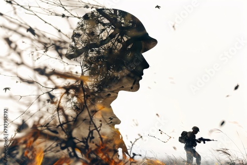 Silhouette of Soldier and Battlefield Isolated on White - Military Concepts, Armed Forces Deployment, Heroic Symbolism