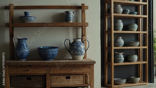 antique shop window with shelves,A room with shelves holding various blue and white ceramic pots and bowls.Stylish cafe interior 