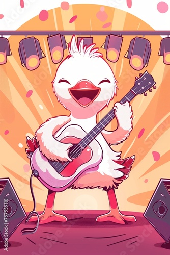 Comical cartoon funny bird rocking out and playing guitar or bass guitar center stage at a rock concert, adding a whimsical and humorous vibe to the musical performance. photo