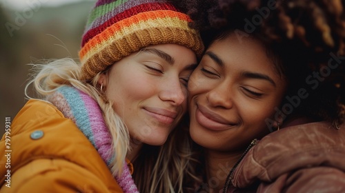 Beautiful multiethnic lesbian couple of lovers dating outdoors  LGBT people bonding and spending time together, concepts about LGBTQ community, diversity, love and lifestyle