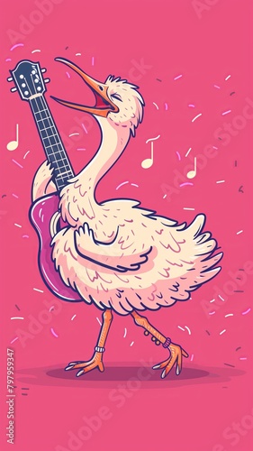 Comical cartoon funny bird rocking out and playing guitar or bass guitar center stage at a rock concert, adding a whimsical and humorous vibe to the musical performance. photo