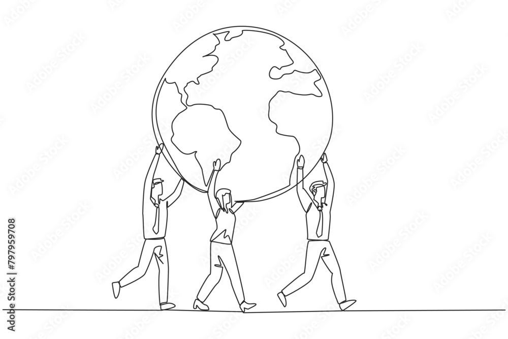 Single continuous line drawing group of businessmen and businesswoman working together to carry globe. Opening a new business branch. Profitable strategic location. One line design vector illustration