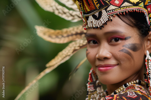 A Dayak woman in traditional attire against a natural backdrop