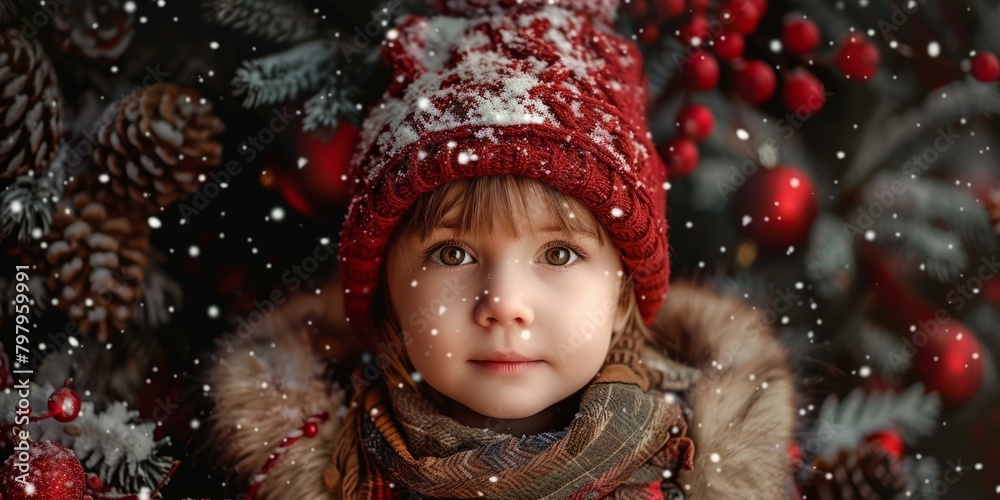 b'Little girl in red hat with fur scarf standing in front of Christmas tree' b'Little girl in red hat with fur scarf standing in front of Christmas tree'