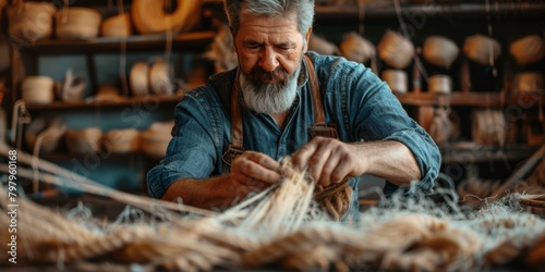 b'Focused Senior Male Artisan Weaving Jute Fiber' photo