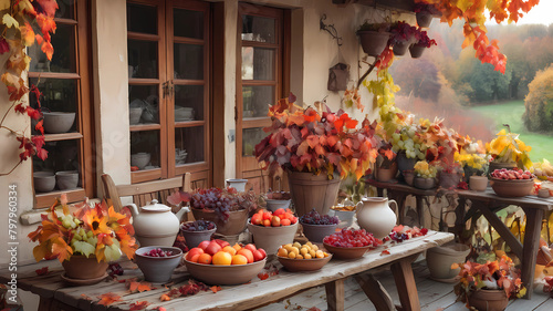 View to a rustic terrace filled with pots with autumn flowers and a vine full of red leaves and bunches of grapes. In the foreground a wooden table with a copious breakfast, coffee, bowls, vases and p