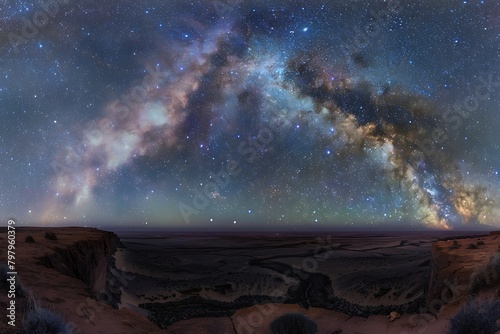 Wide-field astrophotography capturing a starry night sky above a vast desert landscape, with the Milky Way galaxy stretching majestically across the horizon.