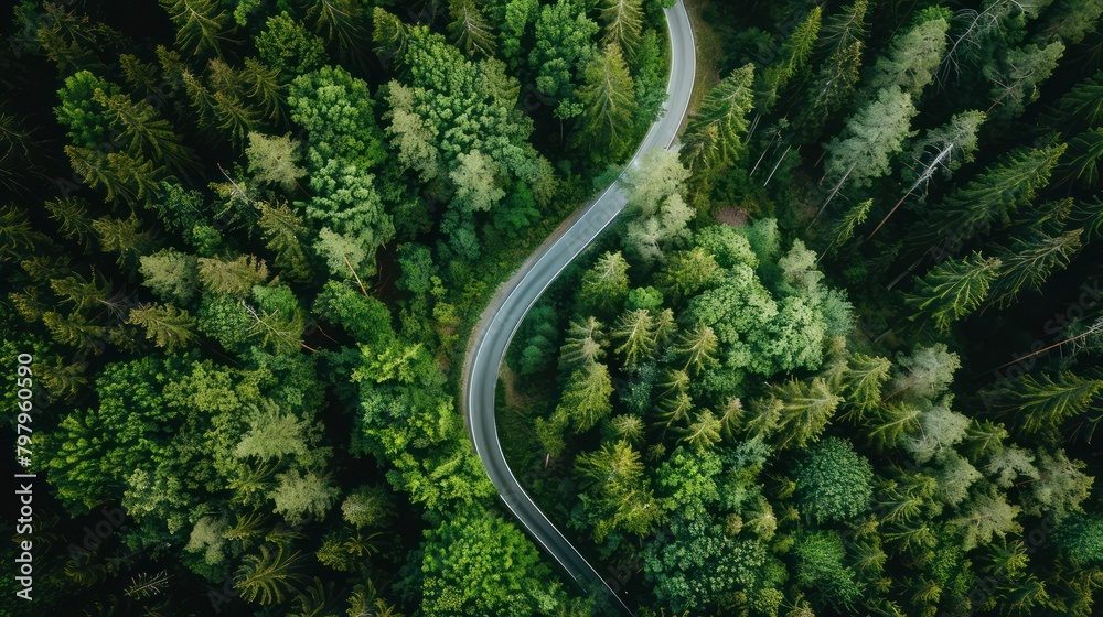 view Beautiful road route between forests seen from above