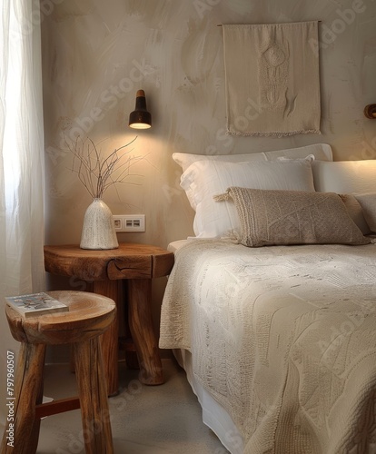 Bedroom With White Bed and Wooden Table
