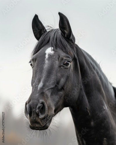 b Portrait of a black horse with a white blaze 