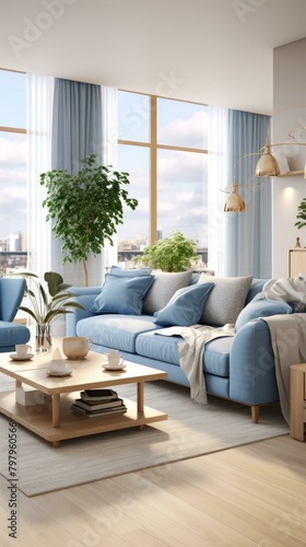 b'Airy and bright living room with a large windows and blue sofa' © Adobe Contributor