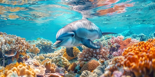 A bottlenose dolphin swims over a vibrant coral reef