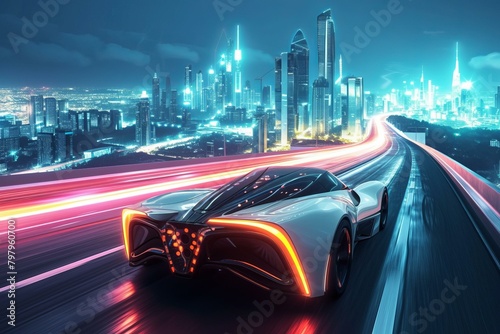 b'A sleek and futuristic white sports car speeds through a neon-lit city at night, leaving a trail of light behind it.'