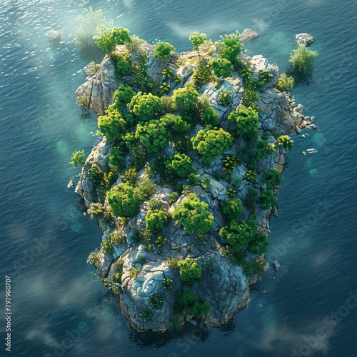 b Small rocky island with green vegetation in the middle of the ocean 