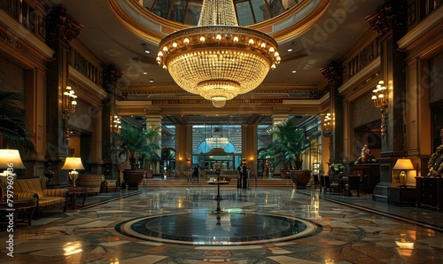 a grand hotel lobby displaying a majestic chandelier, Generative AI © Pixel Pioneers