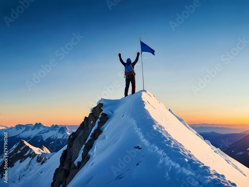 Snow mountain landscape, mountaineer man standing on top peak with blue flag, raised hands celebration, achievement winner success, copy space