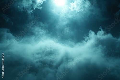 b'Blue smoke fills the background with a spotlight in the distance'