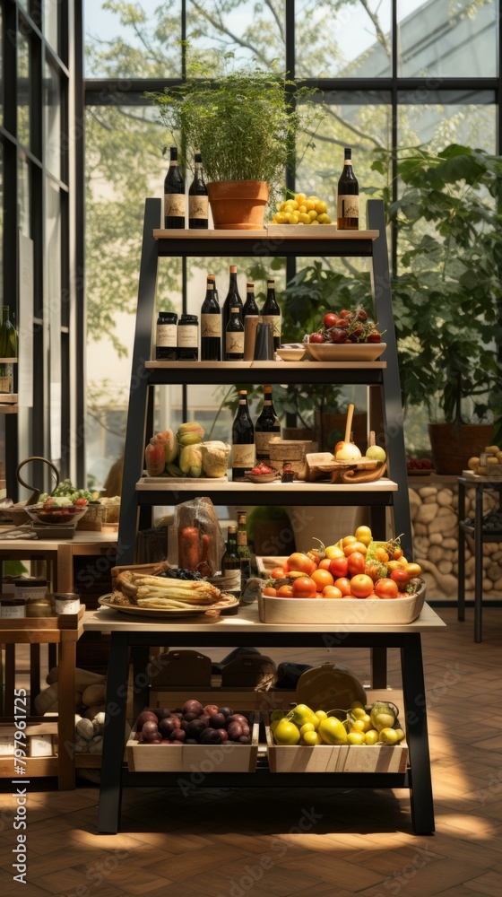 b'A wooden shelf stocked with various fruits and vegetables' b'A wooden shelf stocked with various fruits and vegetables'