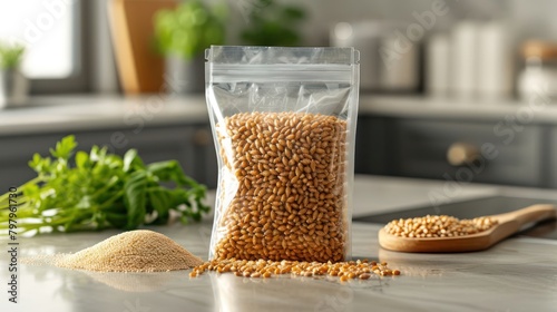 Buckwheat in transparant package, kitchen background setting photo