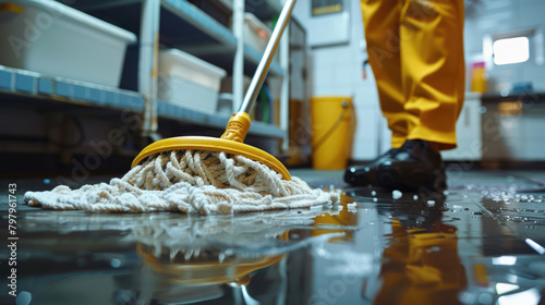 A cleaning lady cleans the floor with a mop. Close-up of a mop photo