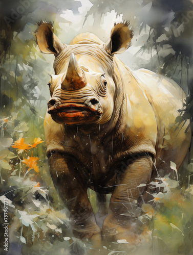 Watercolor painting of a  rhino on Tropical forest