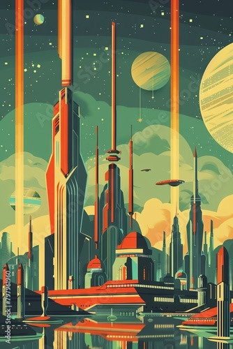 A retro futuristic cityscape with a river in the foreground and spaceships flying overhead.