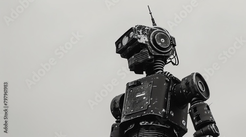 A black and white image of a robot looking up at the sky with a determined expression on its face