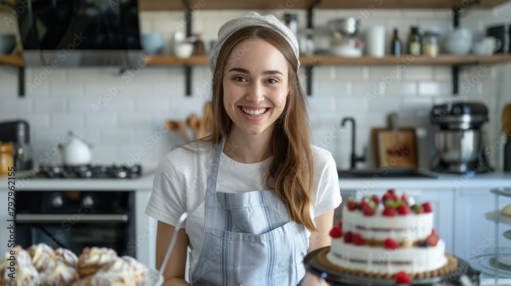 A Joyful Baker with Her Cakes