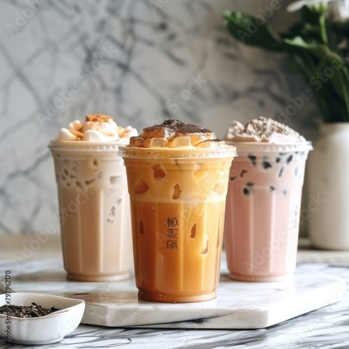 Wallpaper Mural b'Three plastic cups of various cold drinks with froth on top' Torontodigital.ca